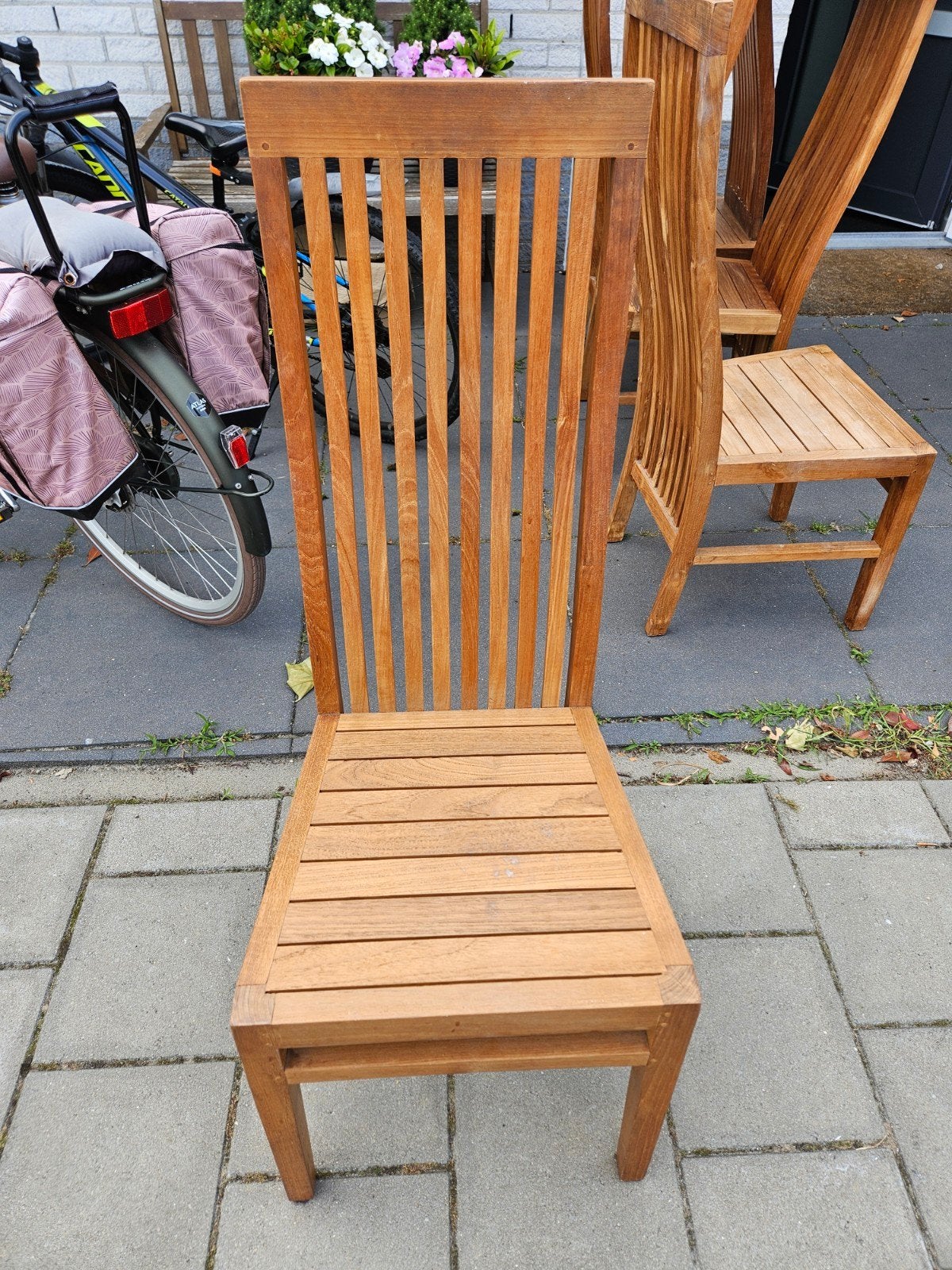 6 teaken stoelen, Gebruikt, Bruin, Ophalen of Verzenden, Klassiek, Tuin