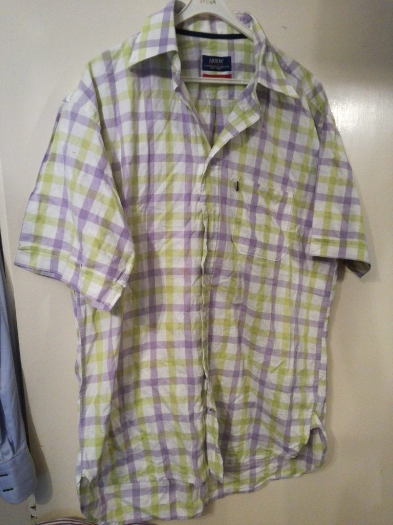 Als Nieuw ARROW Overhemd korte mauw RUIT Wit paars groen XL, Verzenden, Zo goed als nieuw, Wit, Halswijdte 43/44 (XL)