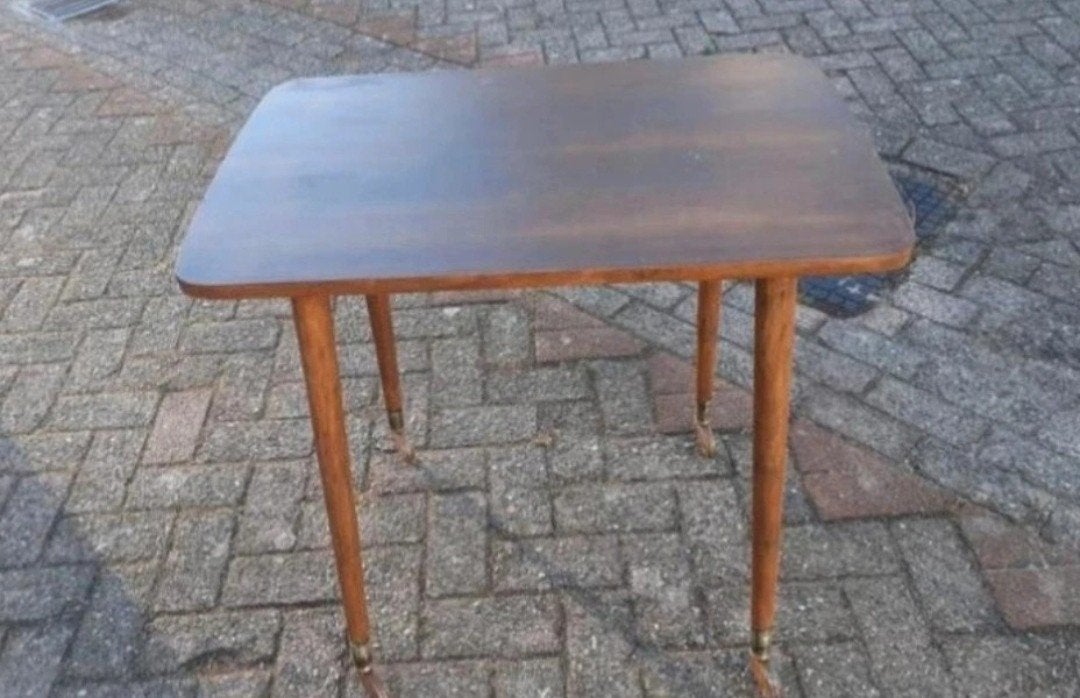 Oude vintage houten tafel op wielen, Gebruikt, 60 cm of meer, Rechthoekig, 55 tot 75 cm