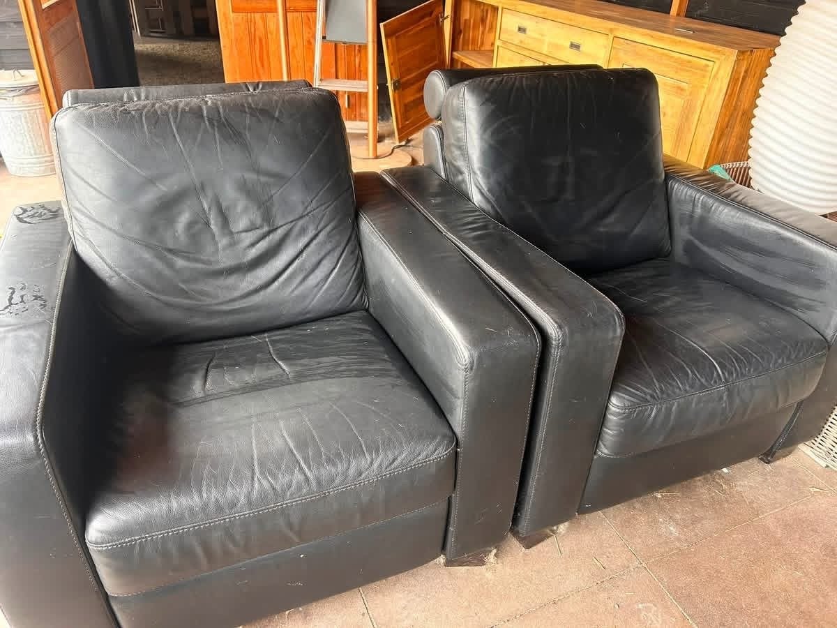 Gratis 2 zwart leren relax fauteuils, Huis en Inrichting, Fauteuils, Ophalen, Gebruikt, Leer, 75 tot 100 cm