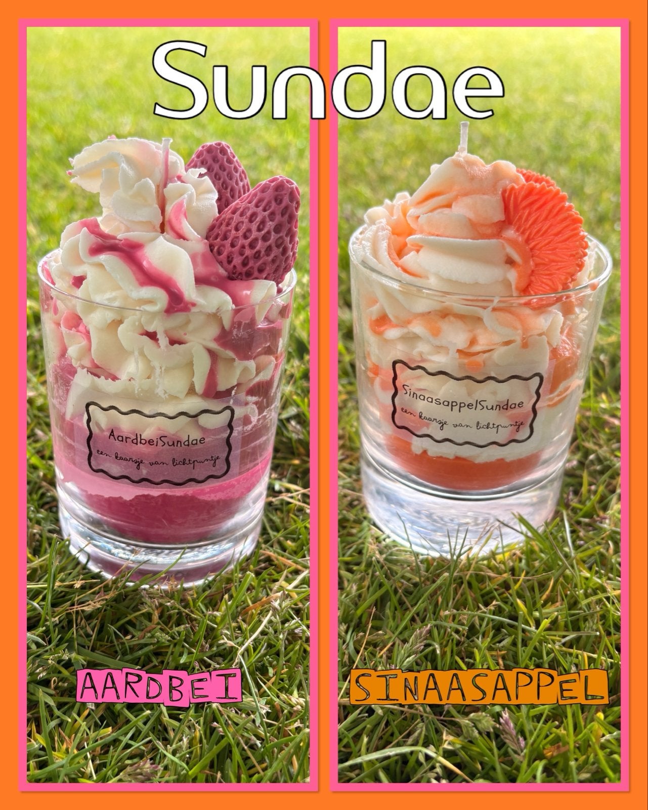 Geurkaars Sundae Aardbei of Sinaasappel, Ophalen of Verzenden, Kaars, Rood, Was
