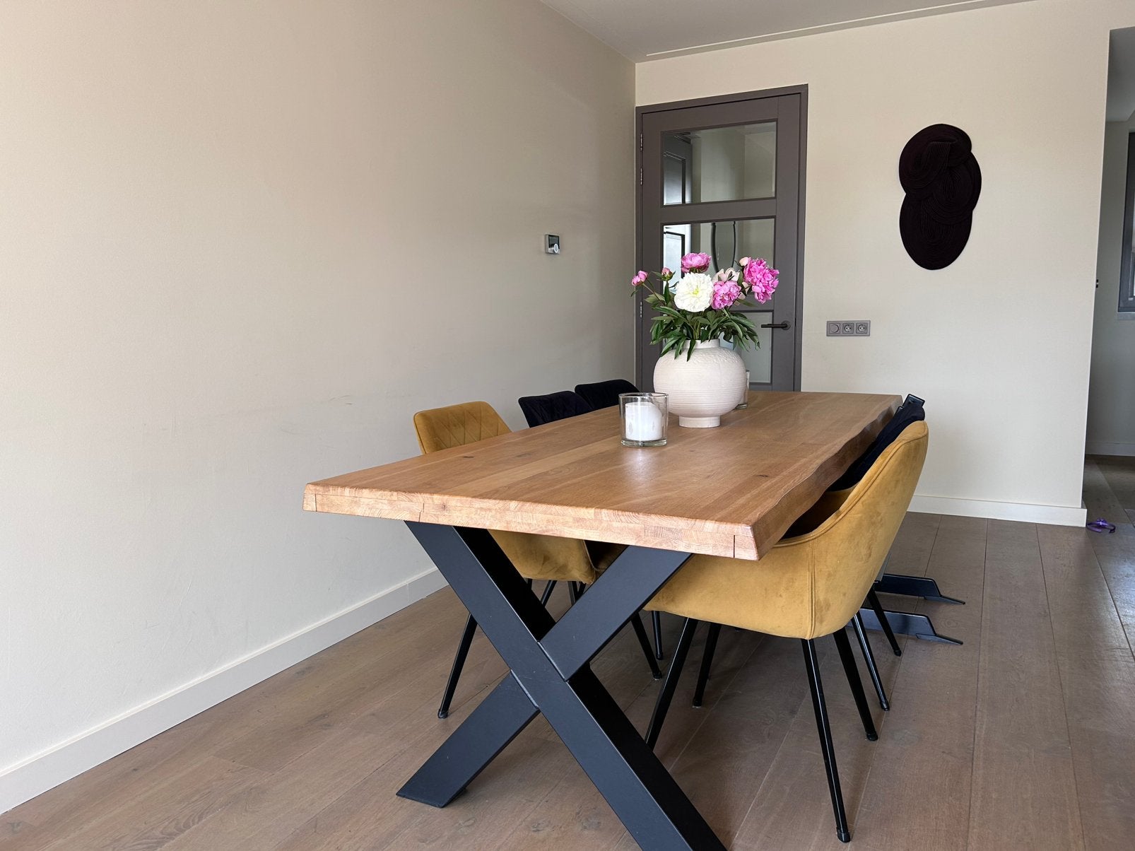 Robuuste eettafel met metalen X-poten, Ophalen, Gebruikt, 50 tot 100 cm, 150 tot 200 cm