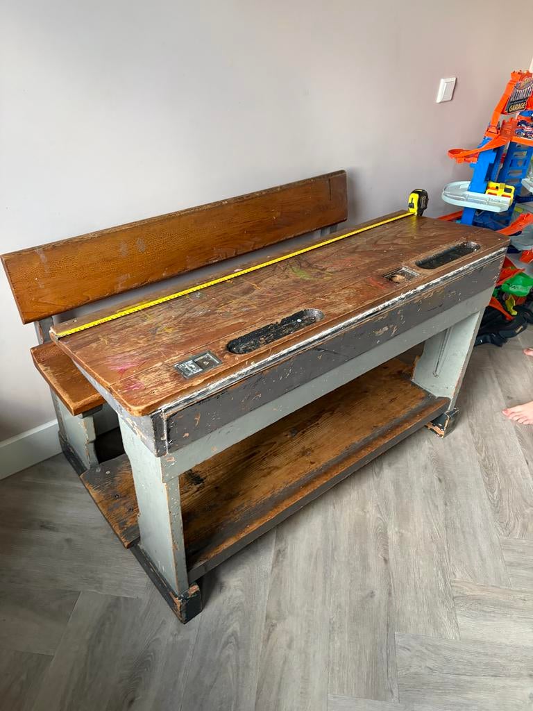 Vintage schoolbankje met bankje, Antiek en Kunst, Antiek | Meubels | Stoelen en Banken, Ophalen