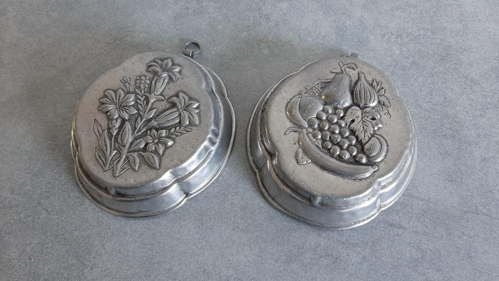 Antiek bak mallen vormen zilver vintage bakvorm bloem fruit, Ophalen of Verzenden