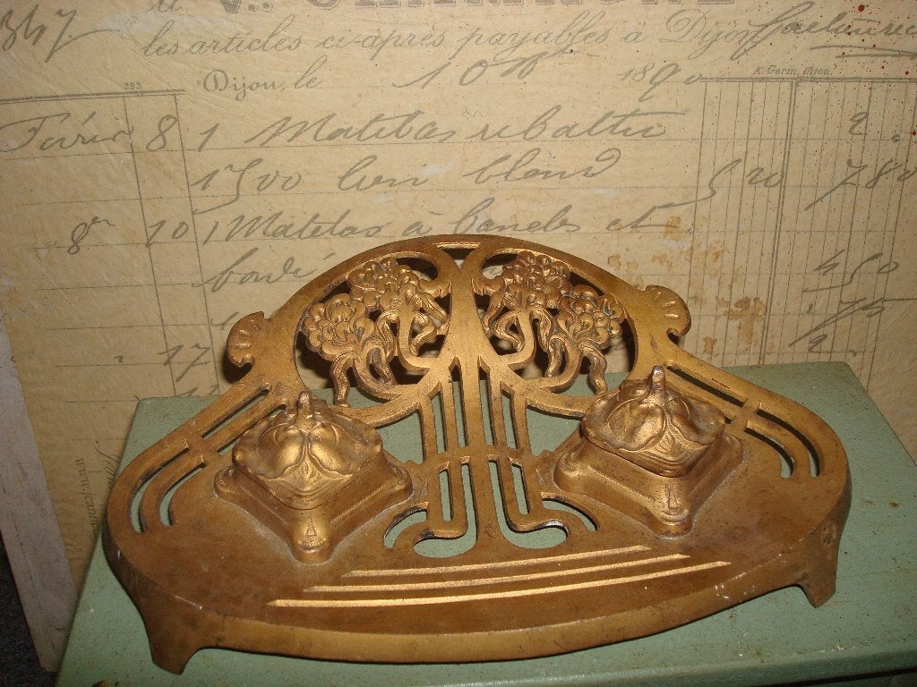 antieke art nouveau inktpot messing brons, Ophalen of Verzenden, Koper