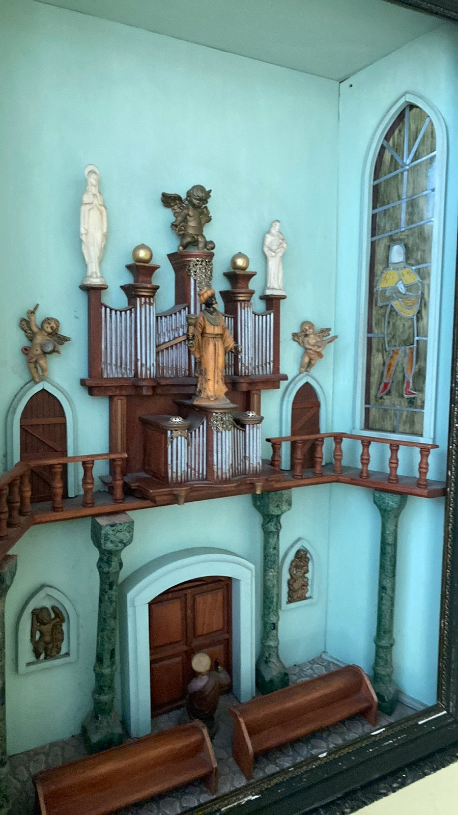 Mooi oud kerk interieur met orgel in grote oude lijst gem, Ophalen of Verzenden