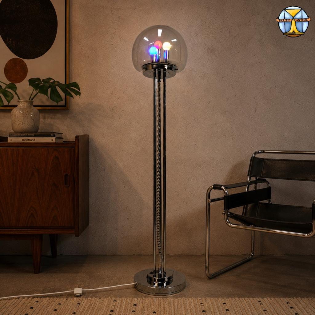 Vintage Itliaanse Space Age vloerlamp Chroom en Glas (70s), Gebruikt, ., Ophalen of Verzenden, 150 tot 200 cm