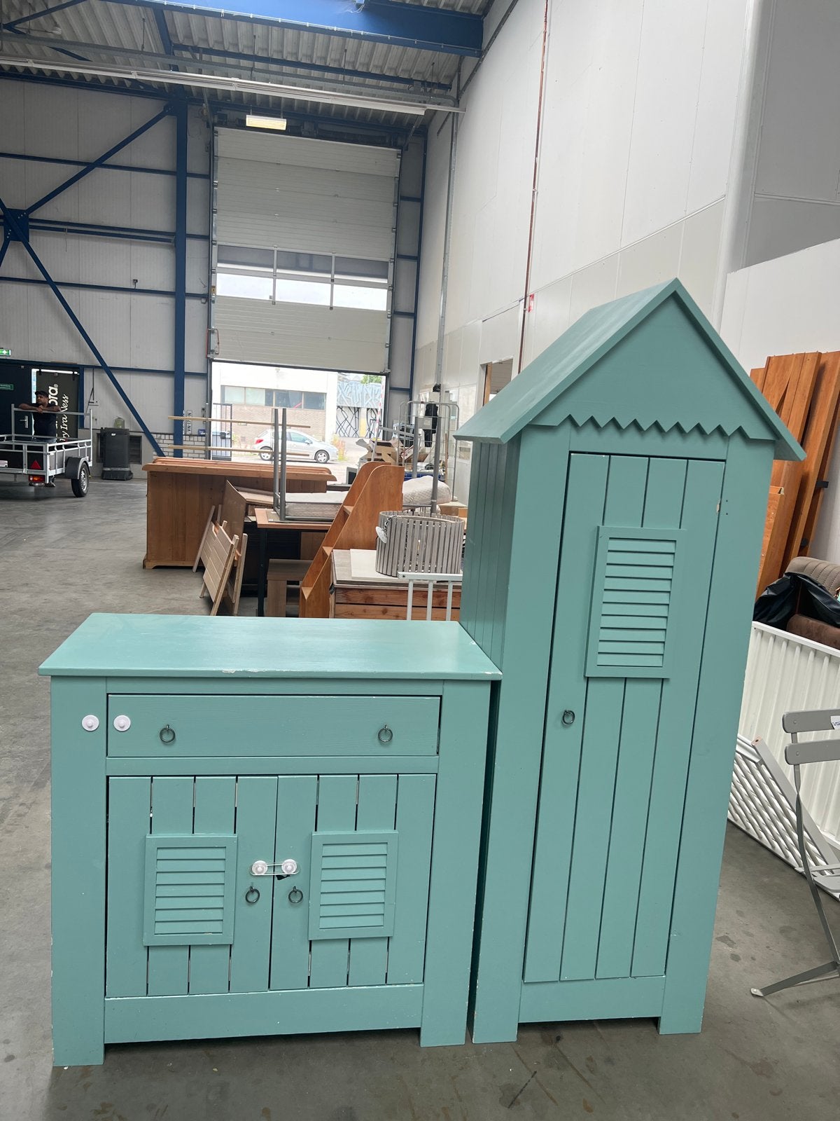 Leuke strandhuisje kast en dressoir set in mintgroen, Ophalen, Gebruikt, 50 tot 100 cm, Met lade(s)
