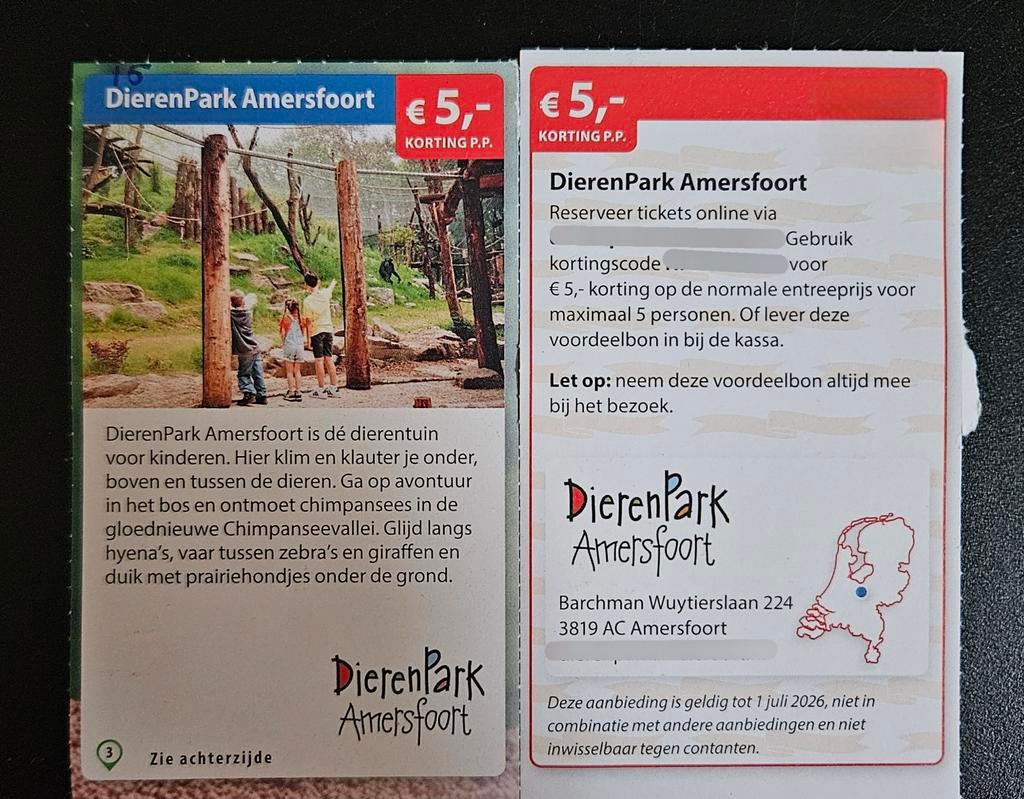 DierenPark Amersfoort €5,- korting p.p. max 5 personen, Tickets en Kaartjes, Drie personen of meer, Kortingskaart