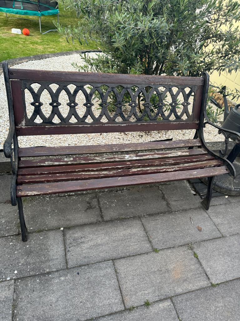 Houten tuinbankje met gietijzeren frame, Ophalen, Gebruikt, Hout