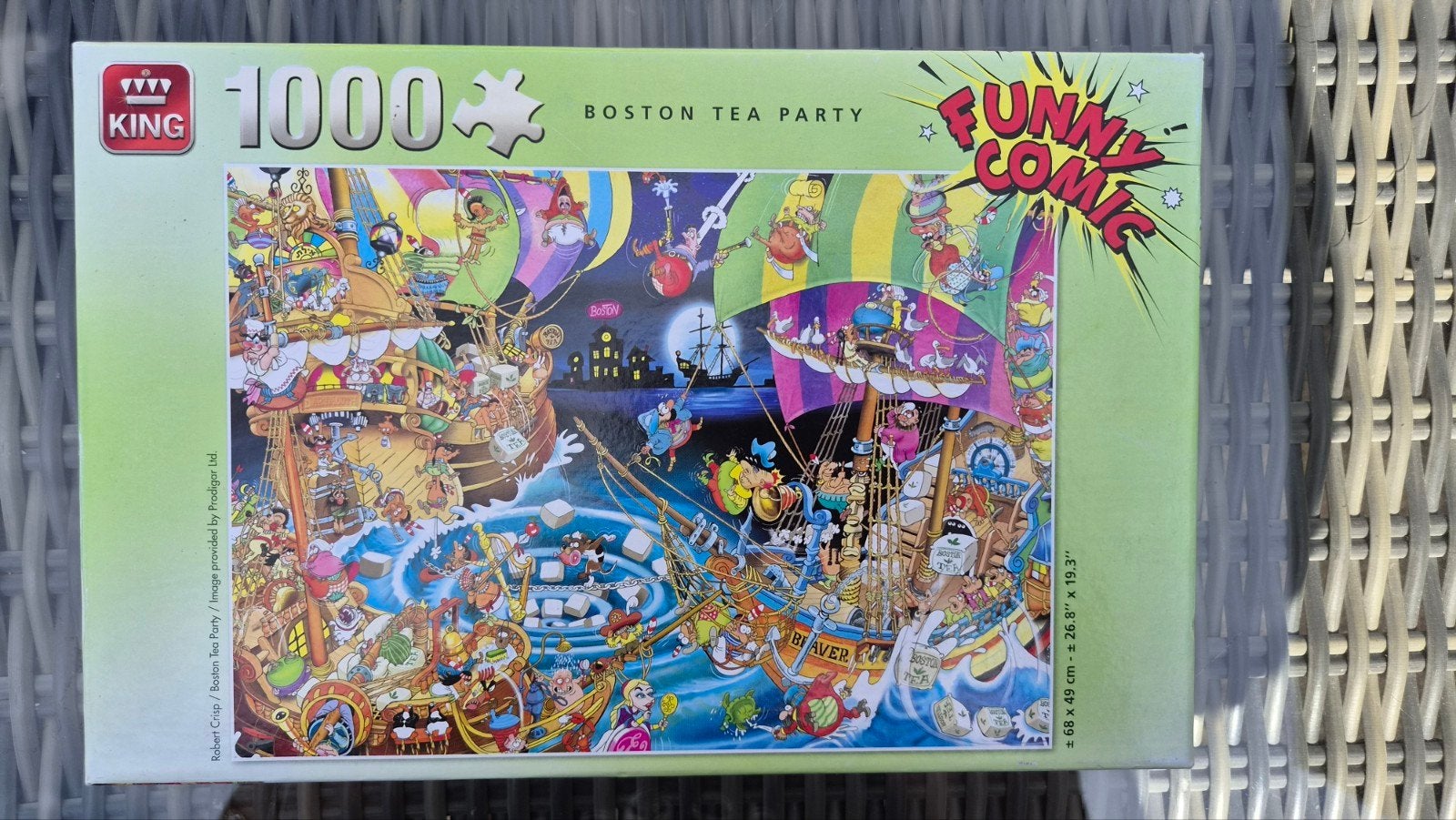 King Funny Comic Boston Tea Party Puzzel 1000 stukjes, Ophalen of Verzenden, Meer dan 50 stukjes, Gebruikt, 6 jaar of ouder