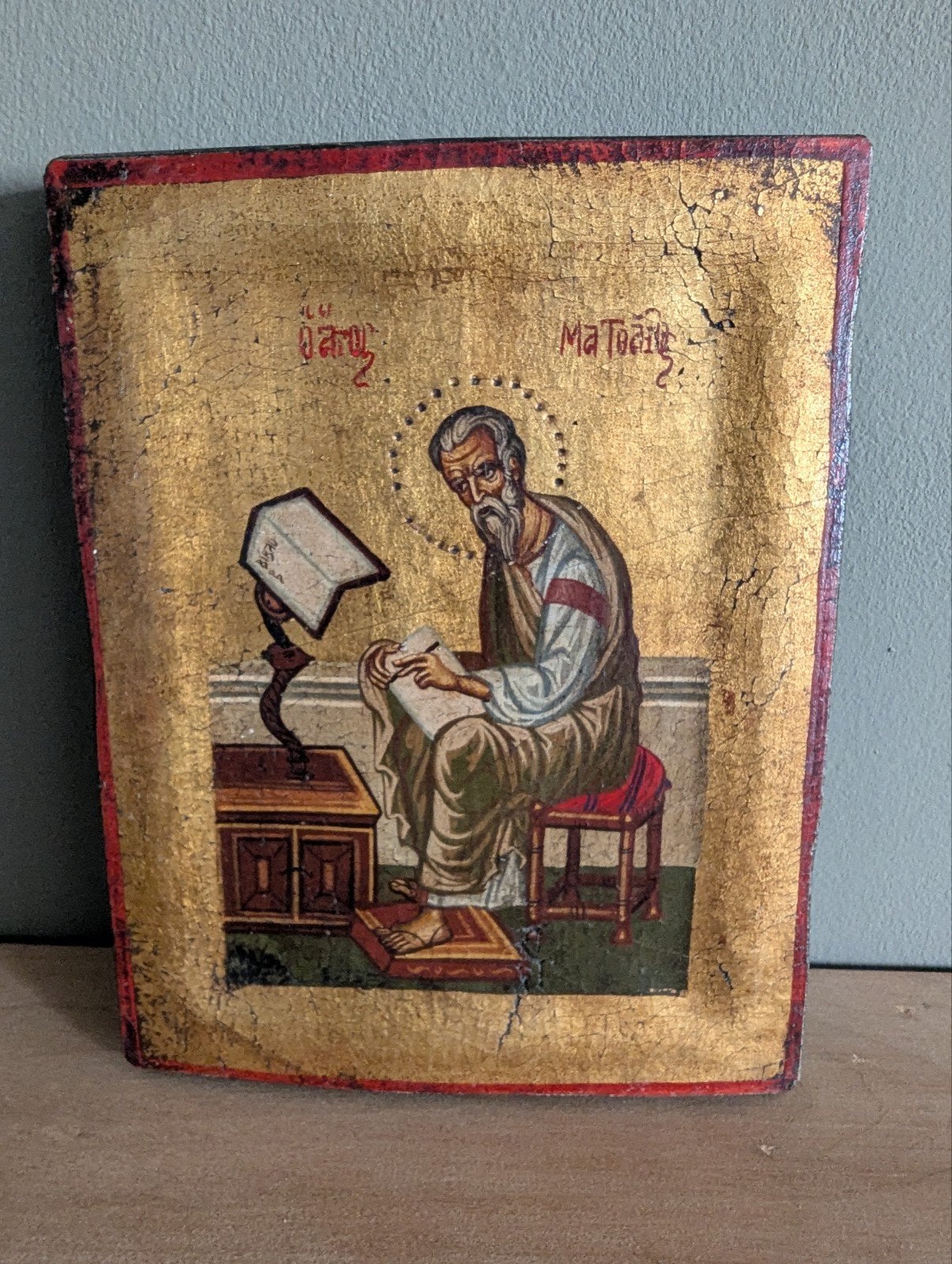 Handgeschilderd Byzantijns icoon van Sint Mattheus, Ophalen