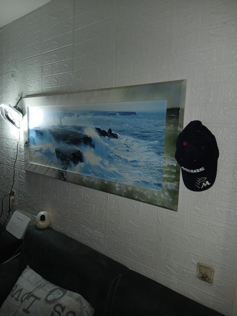 Schilderij met vuurtoren en woeste zee, Gebruikt, Ophalen of Verzenden, Schilderij, 100 tot 125 cm