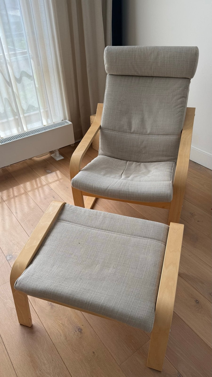 Ikea POÄNG Fauteuil met voetenbankje, berkenfineer, Ophalen, Gebruikt, 75 tot 100 cm, 50 tot 75 cm