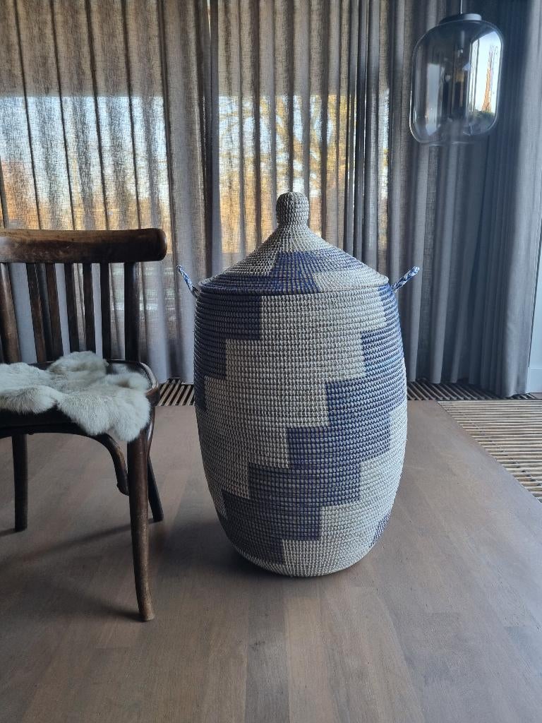 Grote afrikaanse wasmand opbergmand blauw wit uit Senegal, Mand, Verzenden, Rond, Nieuw