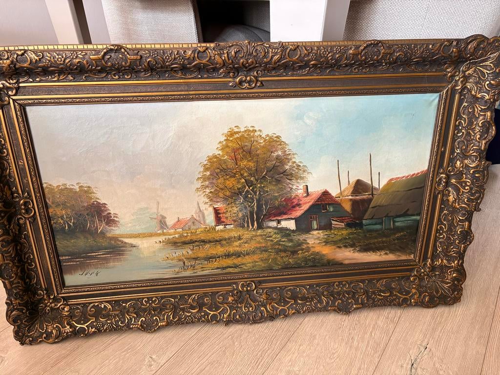 Oud Hollands Landschap Schilderij met Molen en Boerderij, Antiek en Kunst, Kunst | Schilderijen | Klassiek, Ophalen