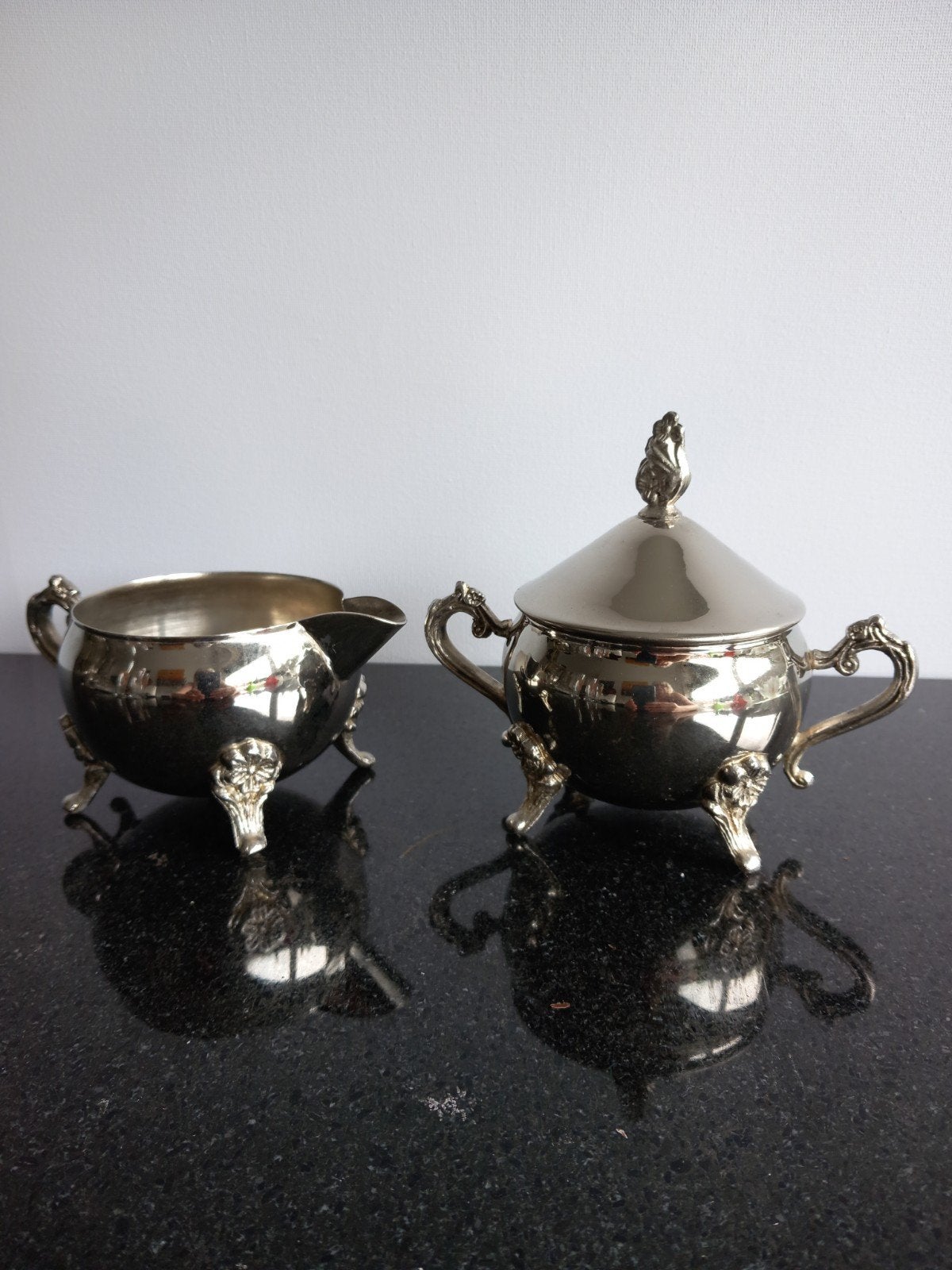Vintage verzilverd roomstel op pootjes (suiker & melk), Antiek en Kunst, Ophalen of Verzenden