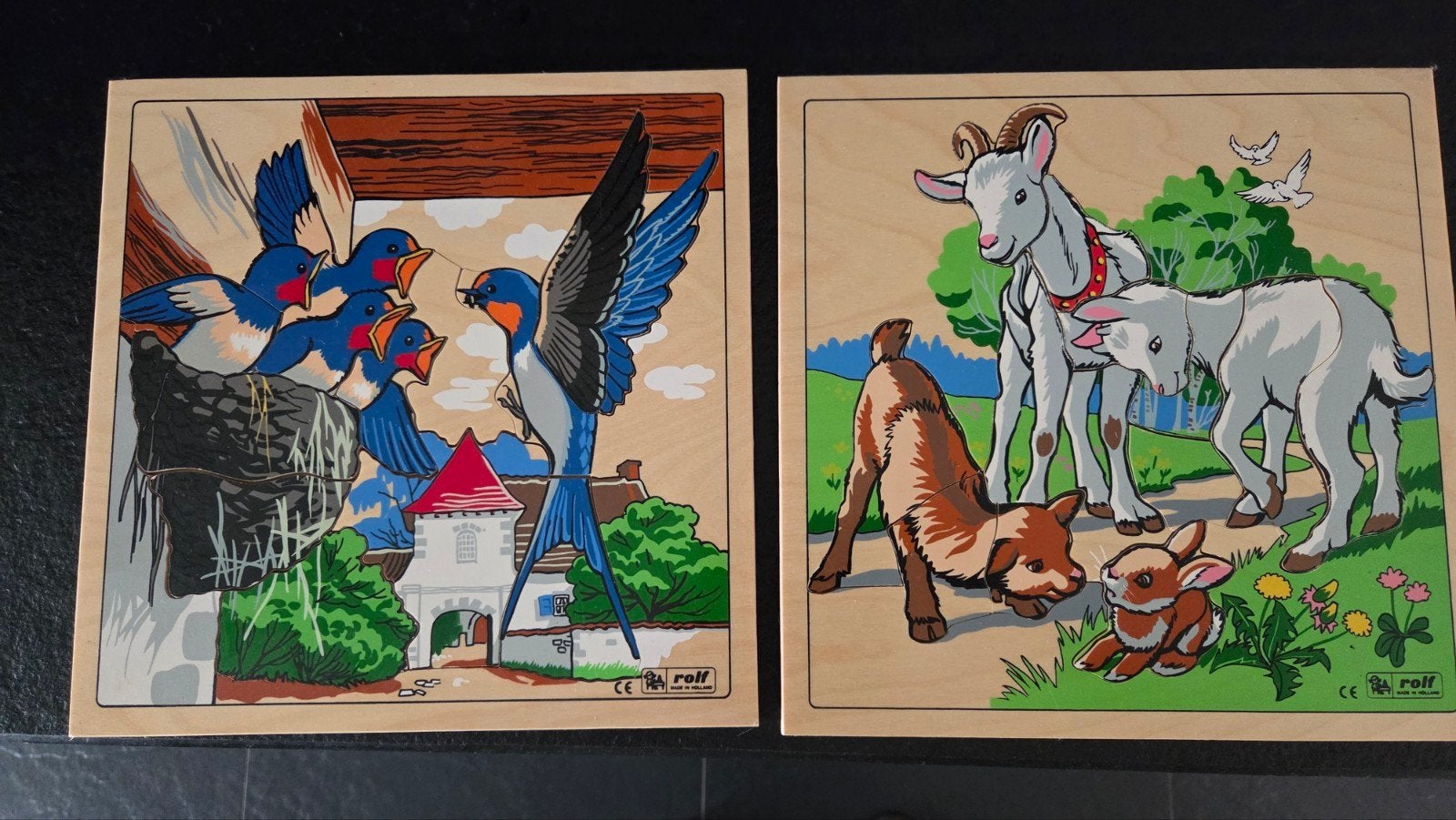 2 houten inlegpuzzels van ROLF: zwaluwen en geiten, Ophalen, 2 tot 4 jaar, Gebruikt, Van hout