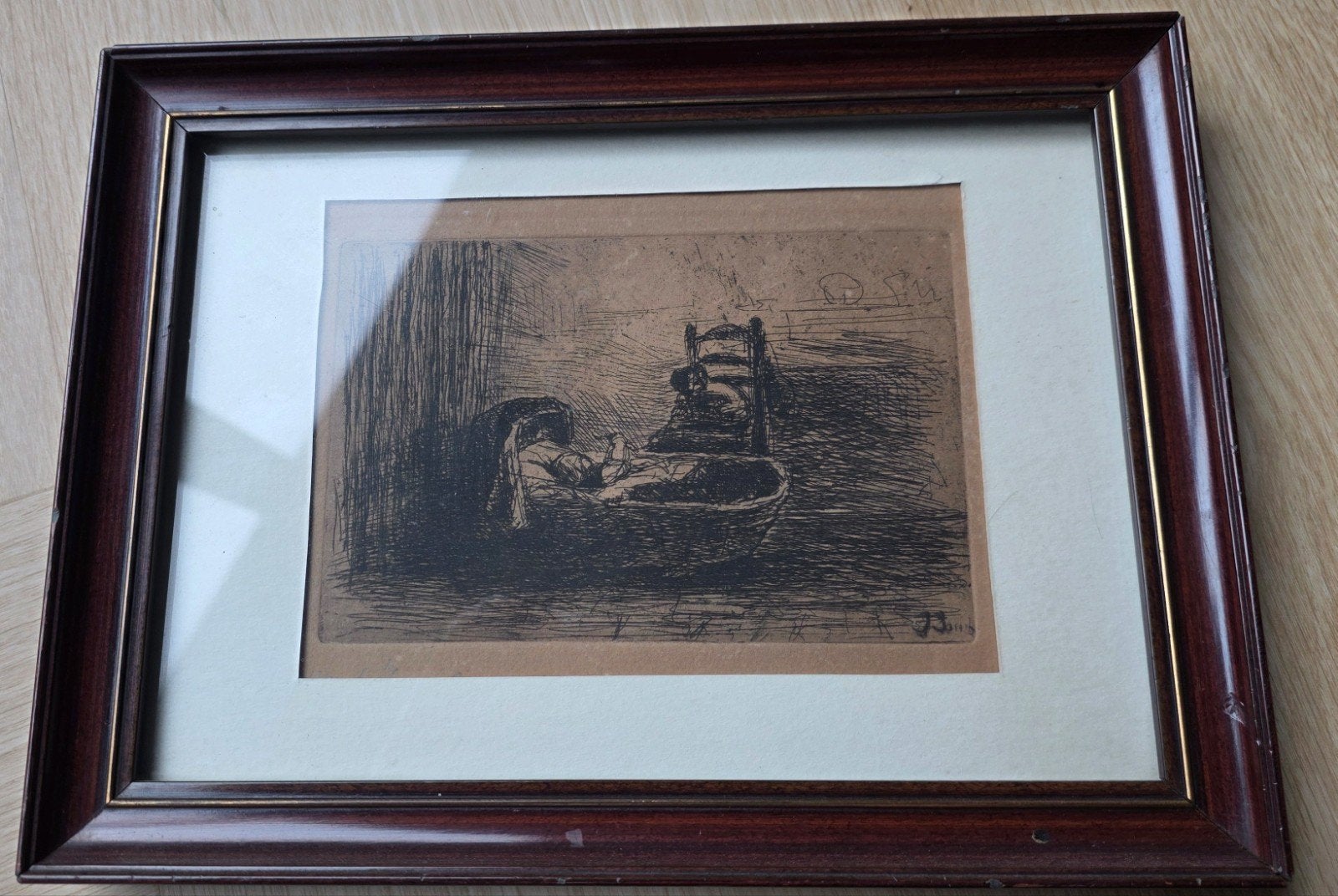 Gesigneerde Ets - Landschap met water en boot, Antiek en Kunst, Ophalen, Ingelijst, Ets, Landschap