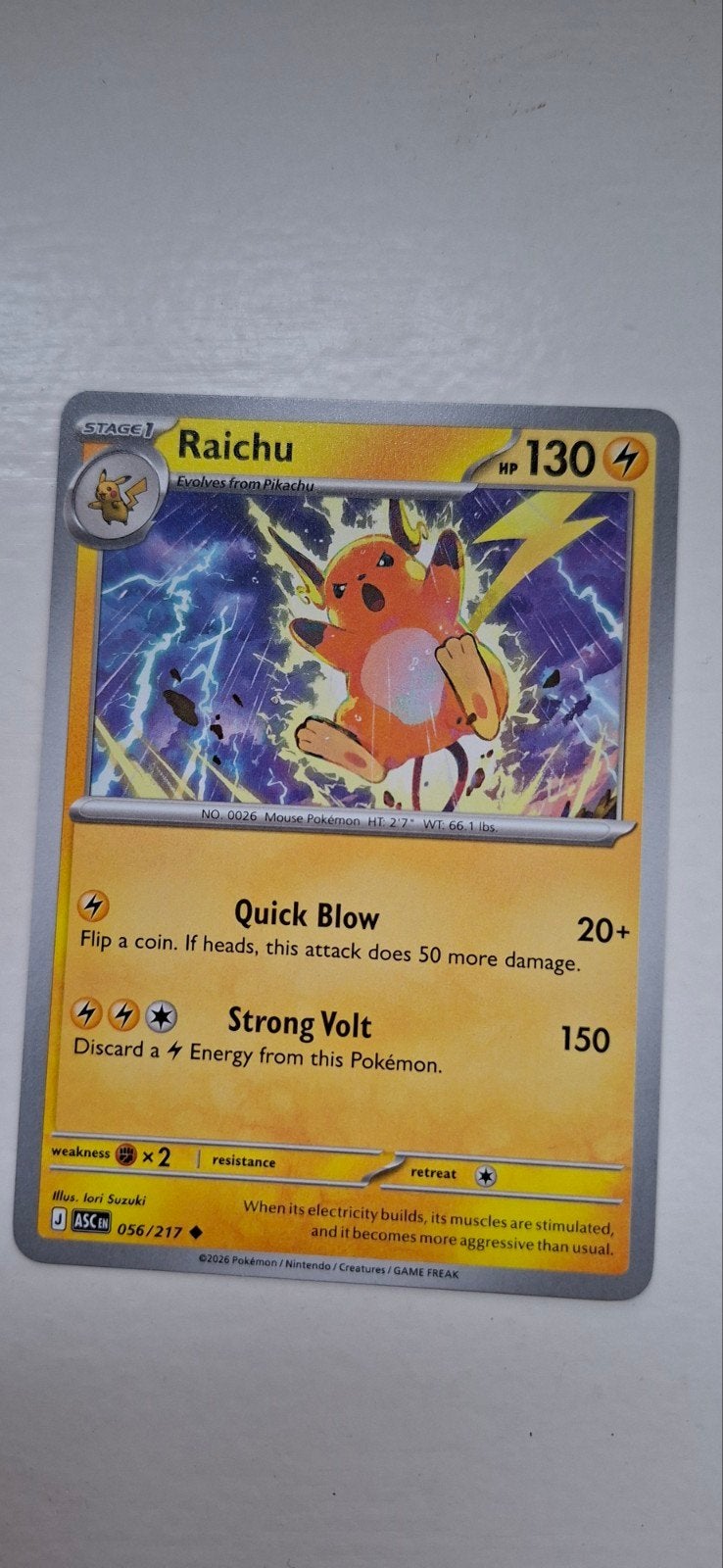 Pokémon Kaart Raichu 056/217, Ophalen of Verzenden, Zo goed als nieuw, Losse kaart