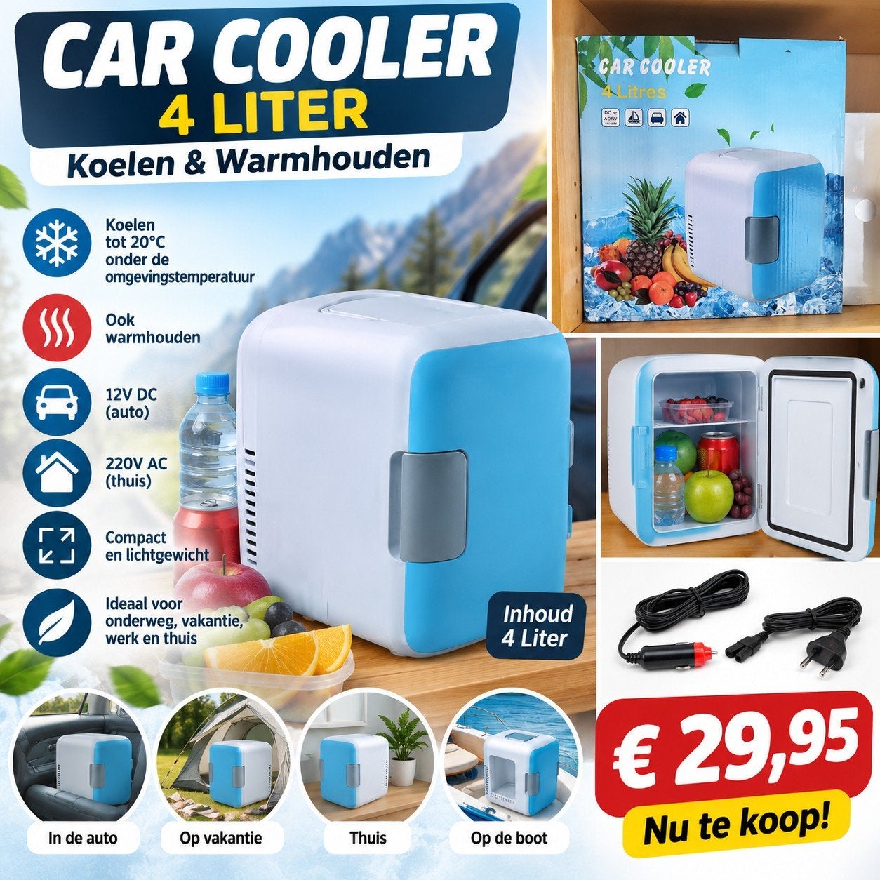 Compacte 4L Auto Koelbox - Koelen & Warmhouden, Ophalen of Verzenden, Nieuw, Koelbox, Elektrisch