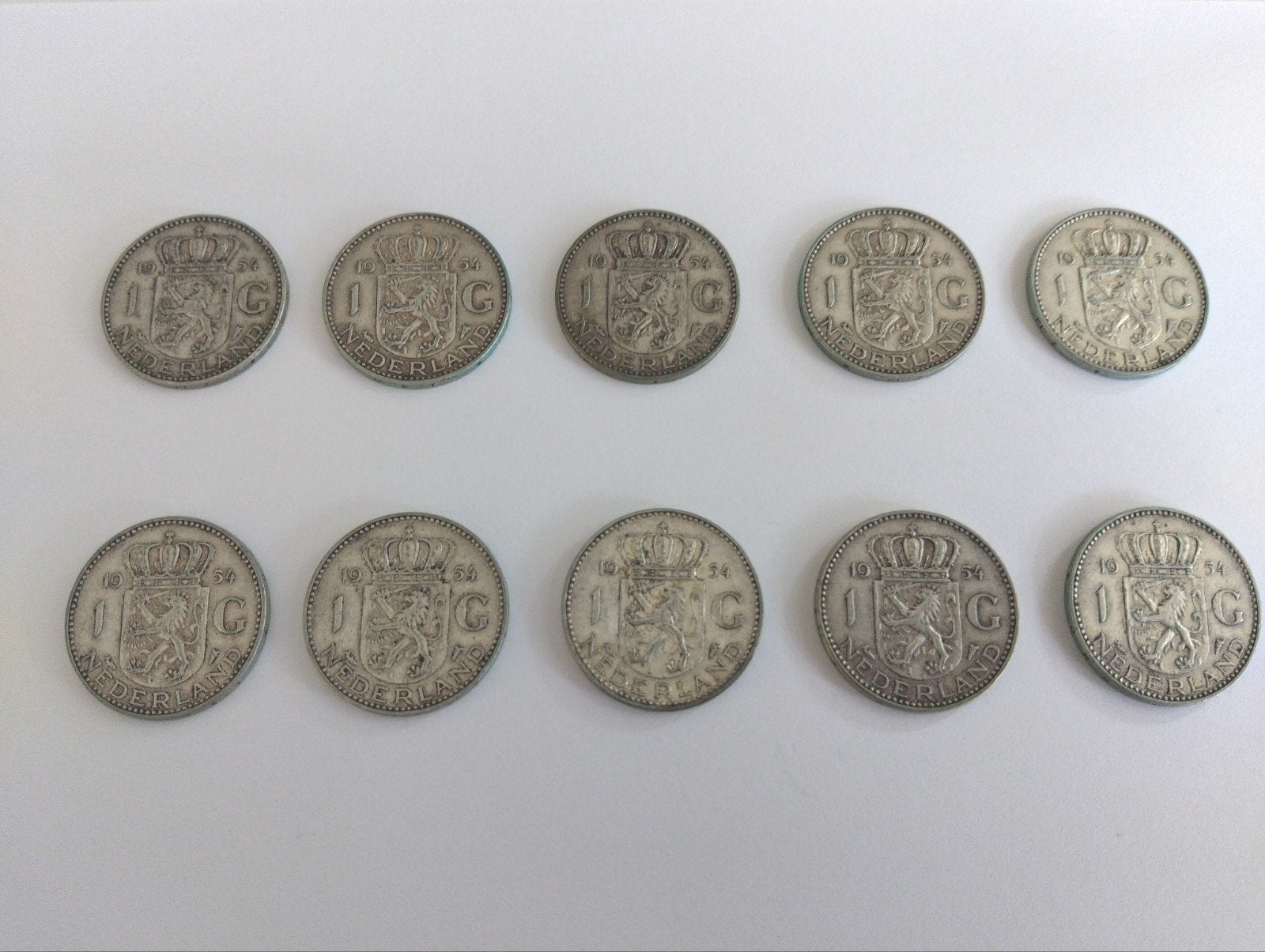 10 zilveren 1 gulden munten uit 1954, 1 gulden, Koningin Juliana, Zilver, Ophalen of Verzenden