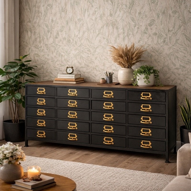 Ladekast Dressoir Zwart van Industrieel Staal met 20 lades, Huis en Inrichting, Kasten | Dressoirs, Overige houtsoorten, Info@dehanzeherten.nl