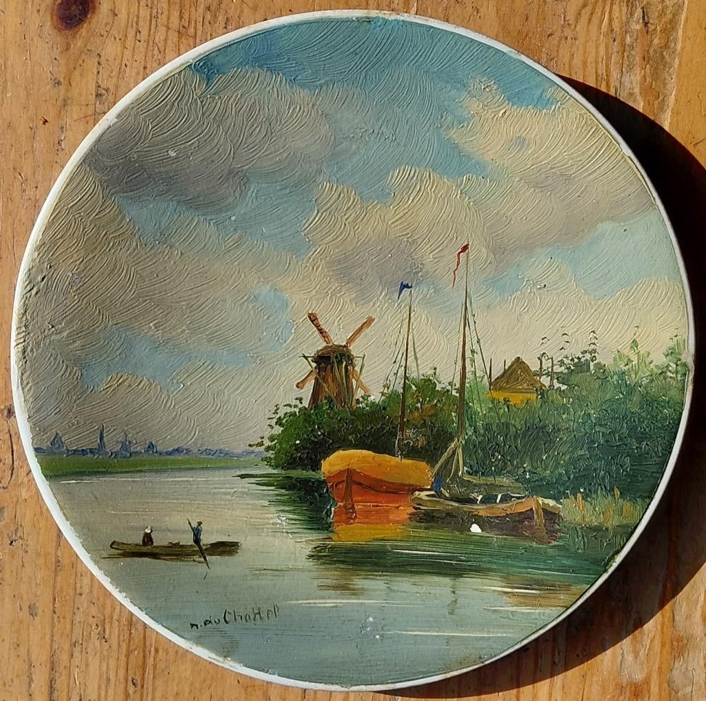 F.J. van Rossum du Chattel Beschilderd Schoteltje met Molen, Antiek en Kunst, Ophalen of Verzenden