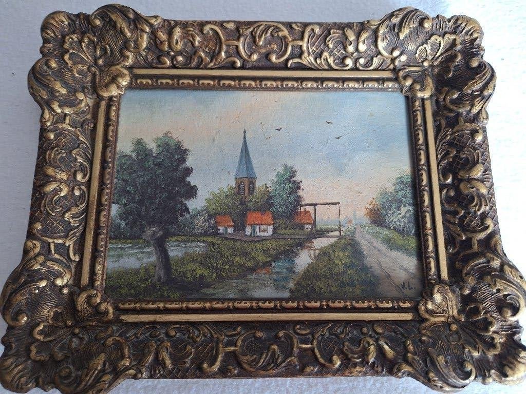 Schilderij landleven met kerk, Ophalen of Verzenden, Klassiek, Gesigneerd, Landschap
