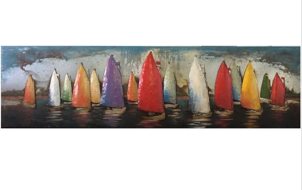 Kleurrijk schilderij met zeilboten, 3D Metal Art, 50x180cm, Huis en Inrichting, Woonaccessoires | Schilderijen, Tekeningen en Foto's