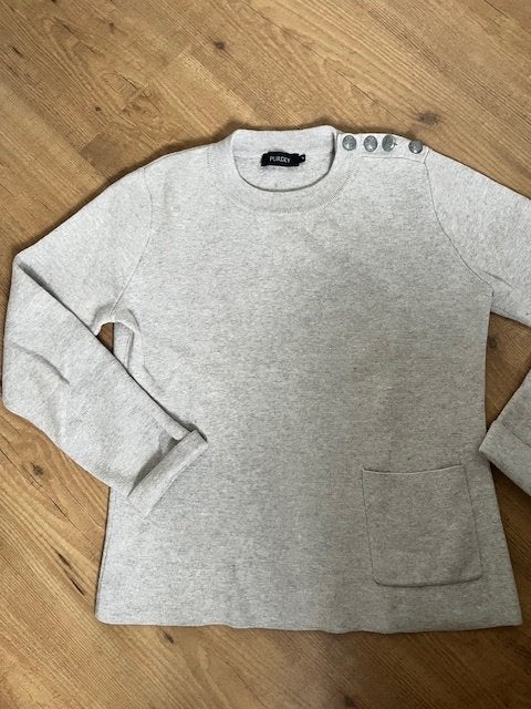 Purdey trui licht grijs zilver knoop op schouder, Ophalen of Verzenden, Zo goed als nieuw, Purdey, Maat 36 (S)