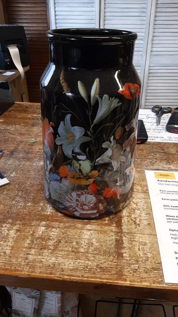 Heinen Delfts Blauw Vaas met Bloemen en Vogels, Ophalen of Verzenden