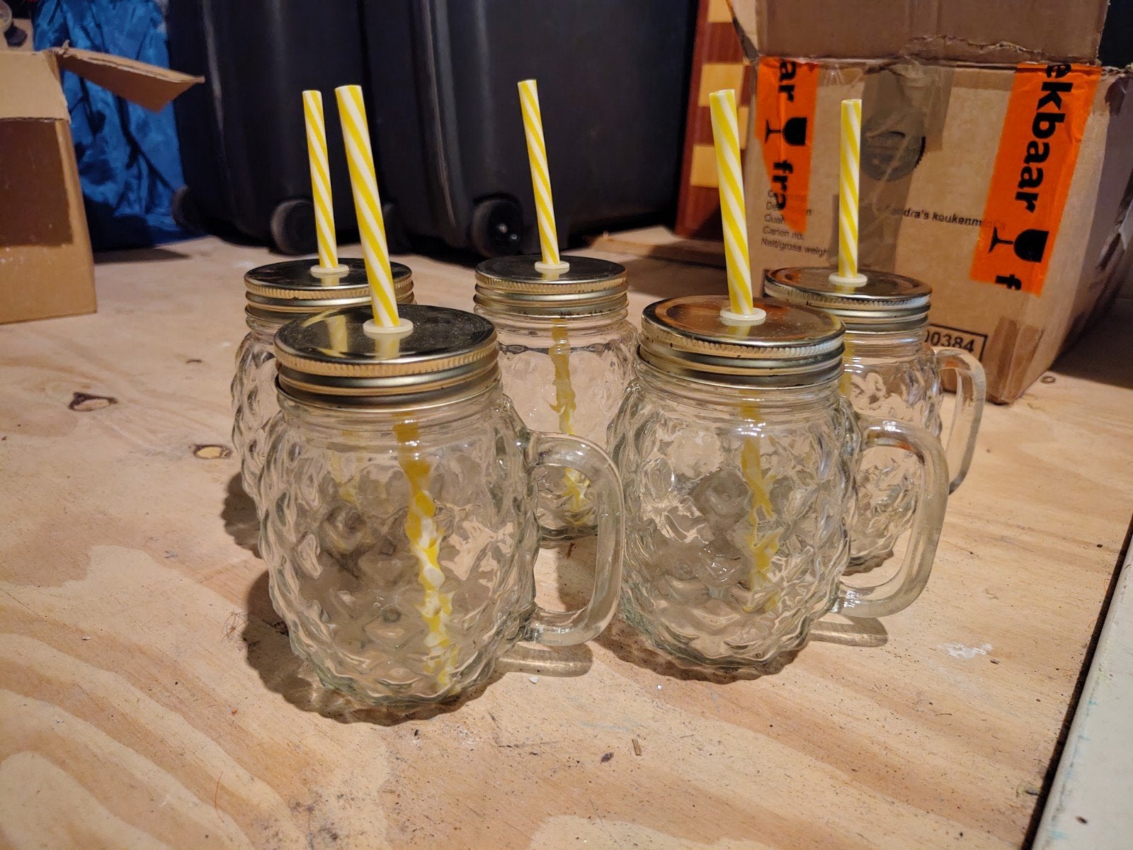 Ananasvormige drinkglazen / jars met rietjes (5 stuks), Ophalen of Verzenden, Zo goed als nieuw, Glas