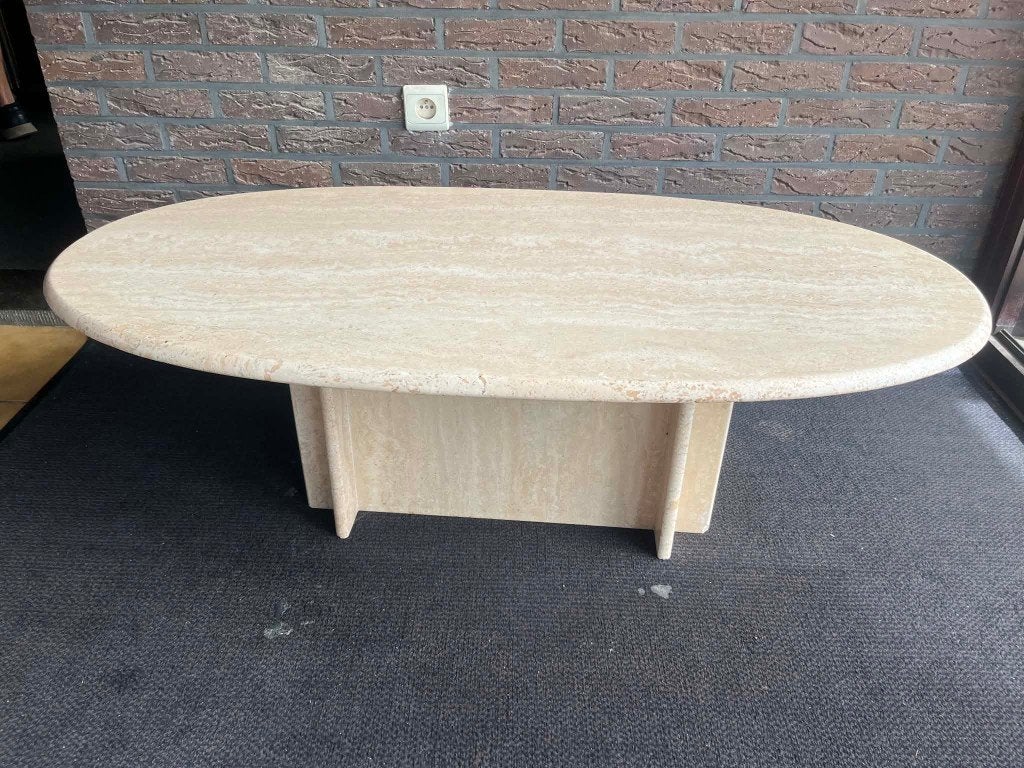 Travertin salontafel - ovaal - 122 x 62, Huis en Inrichting, Tafels | Bijzettafels, Ophalen of Verzenden, Zo goed als nieuw, 75 cm of meer