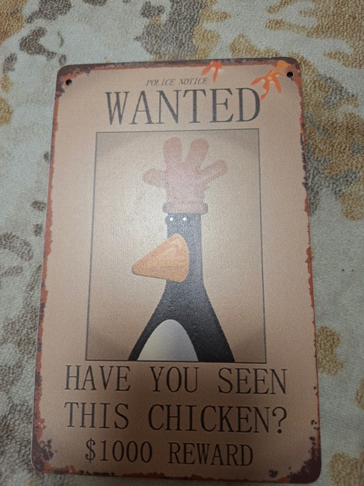 Grappig 'Wanted' kip bord - Decoratie, Huis en Inrichting, Vintage, Gebruikt, Ophalen of Verzenden, Metaal