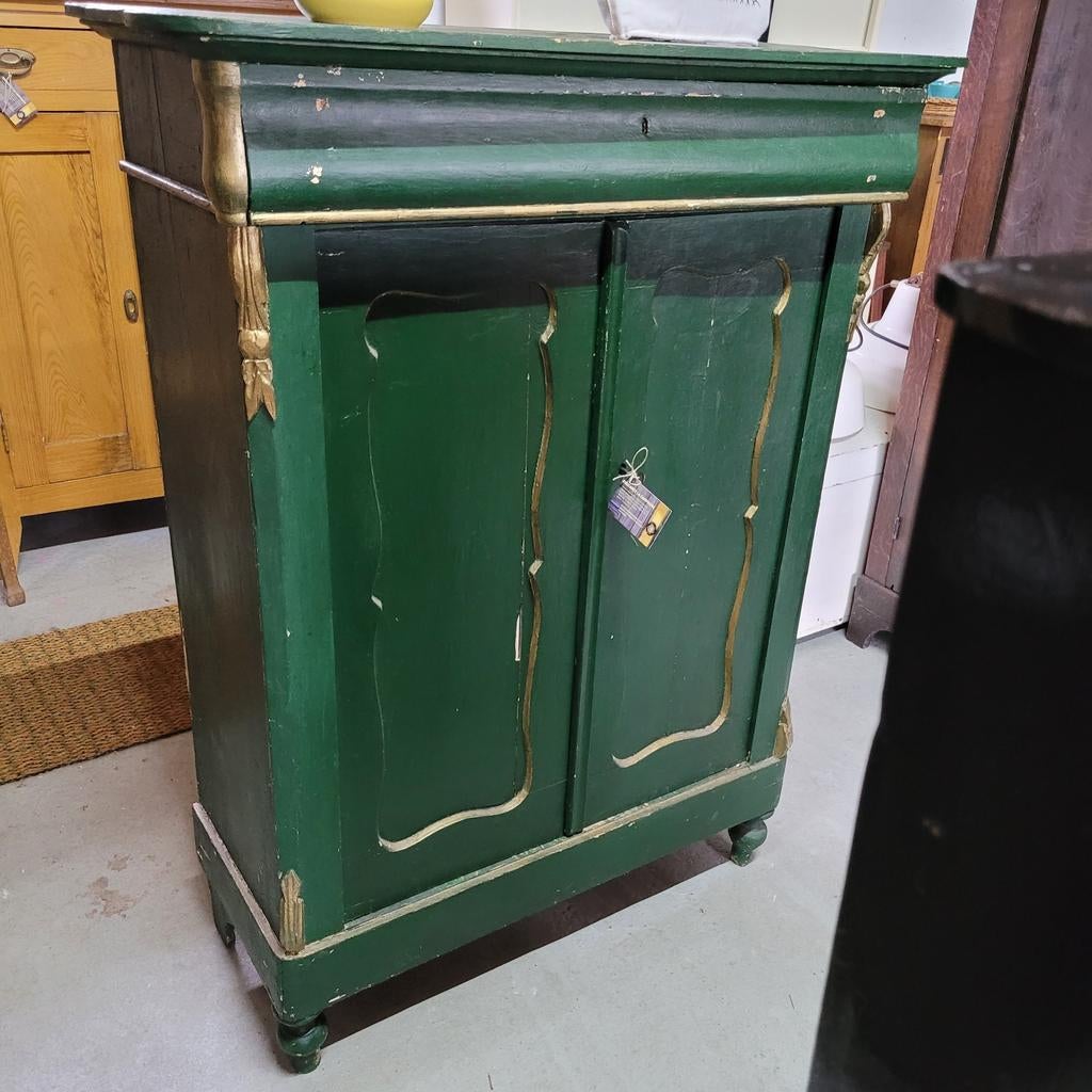 Brocante oude groene biedermeierkast meidenkast H 127 cm, Ophalen