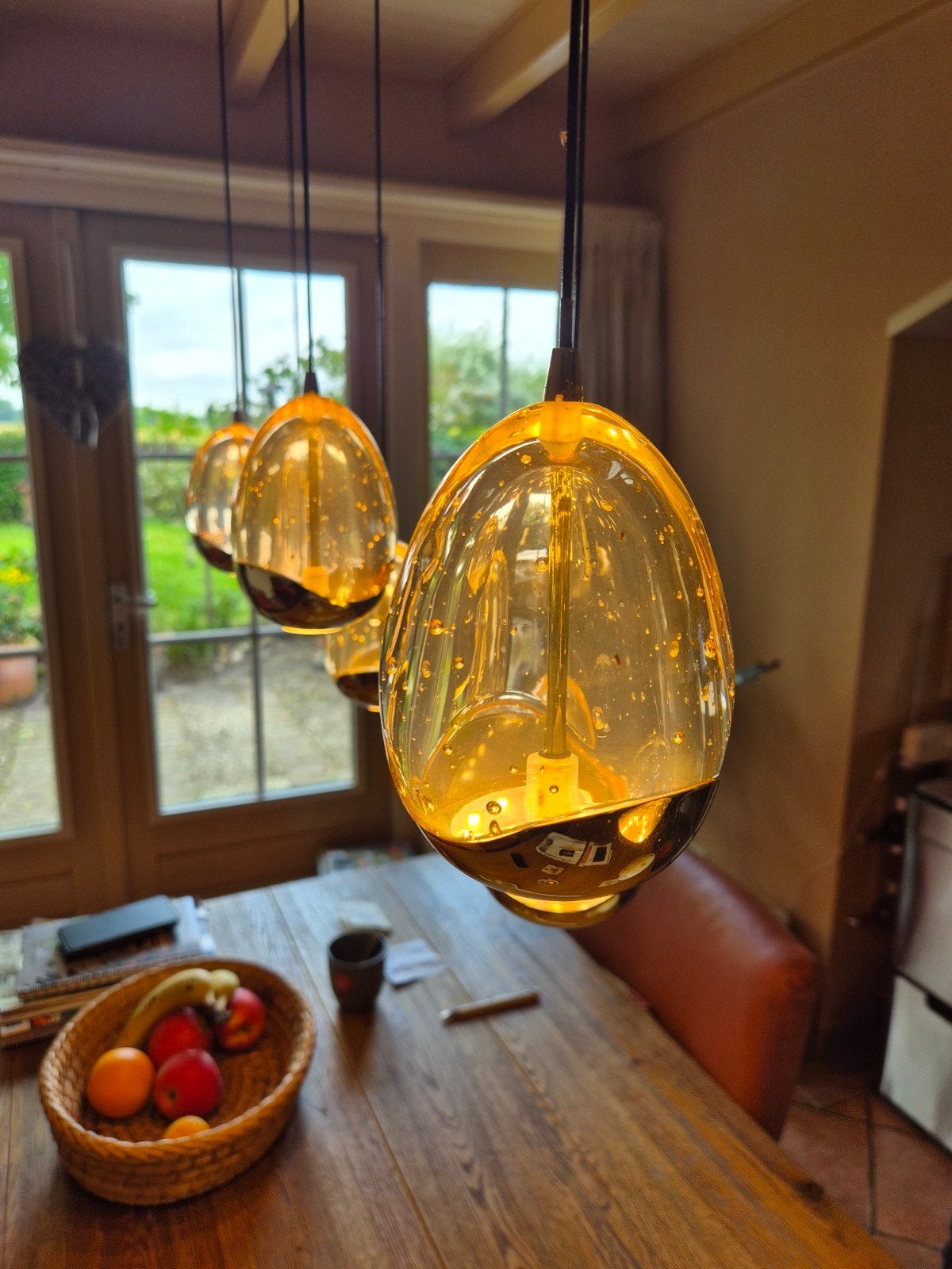 Designlamp met 8 dimbare glazen bollen (Golden Eggs), Ophalen of Verzenden, Zo goed als nieuw, Glas
