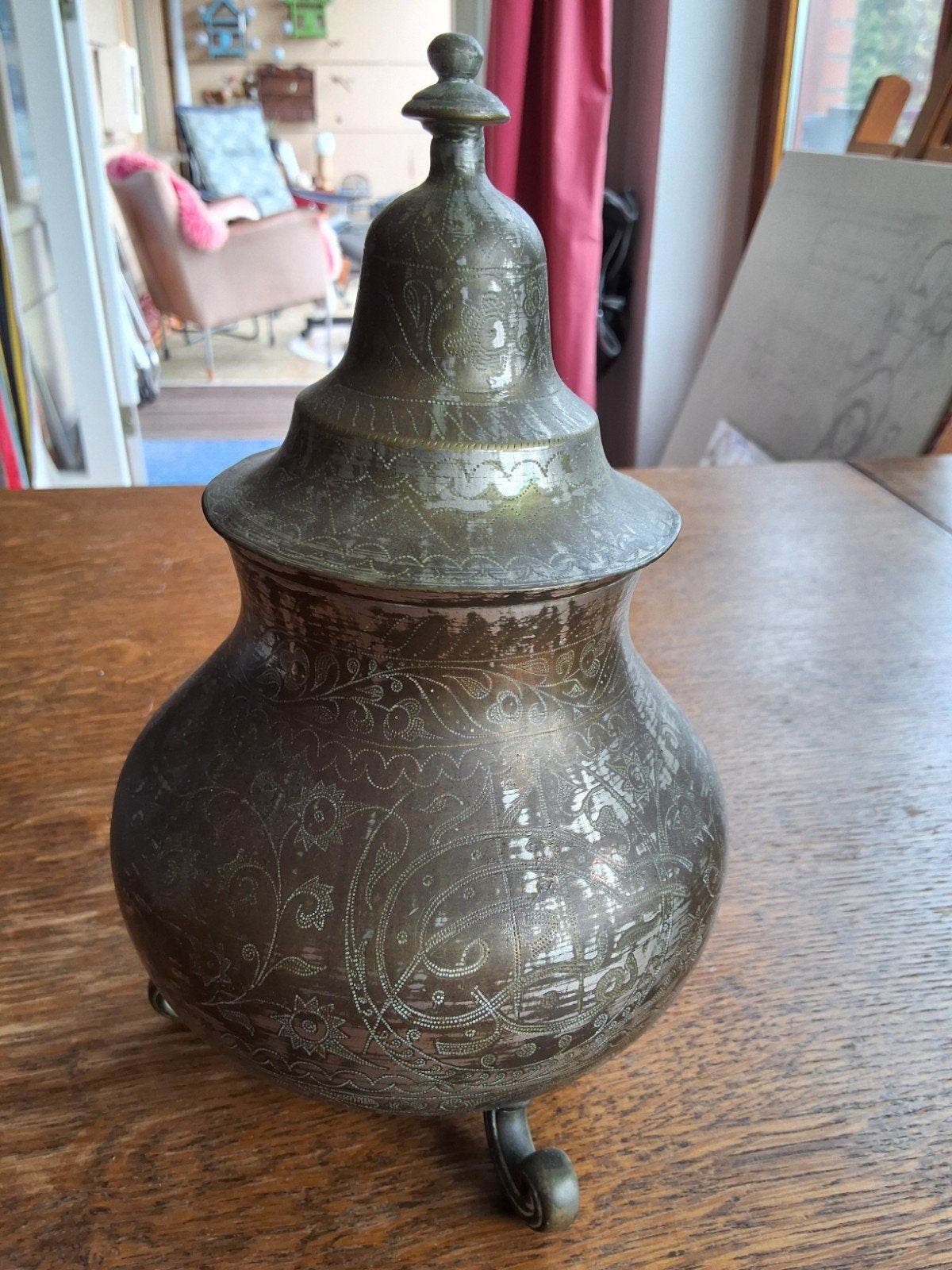 Verzilverd Messing Potje/Vaasje uit India met Deksel, Ophalen of Verzenden