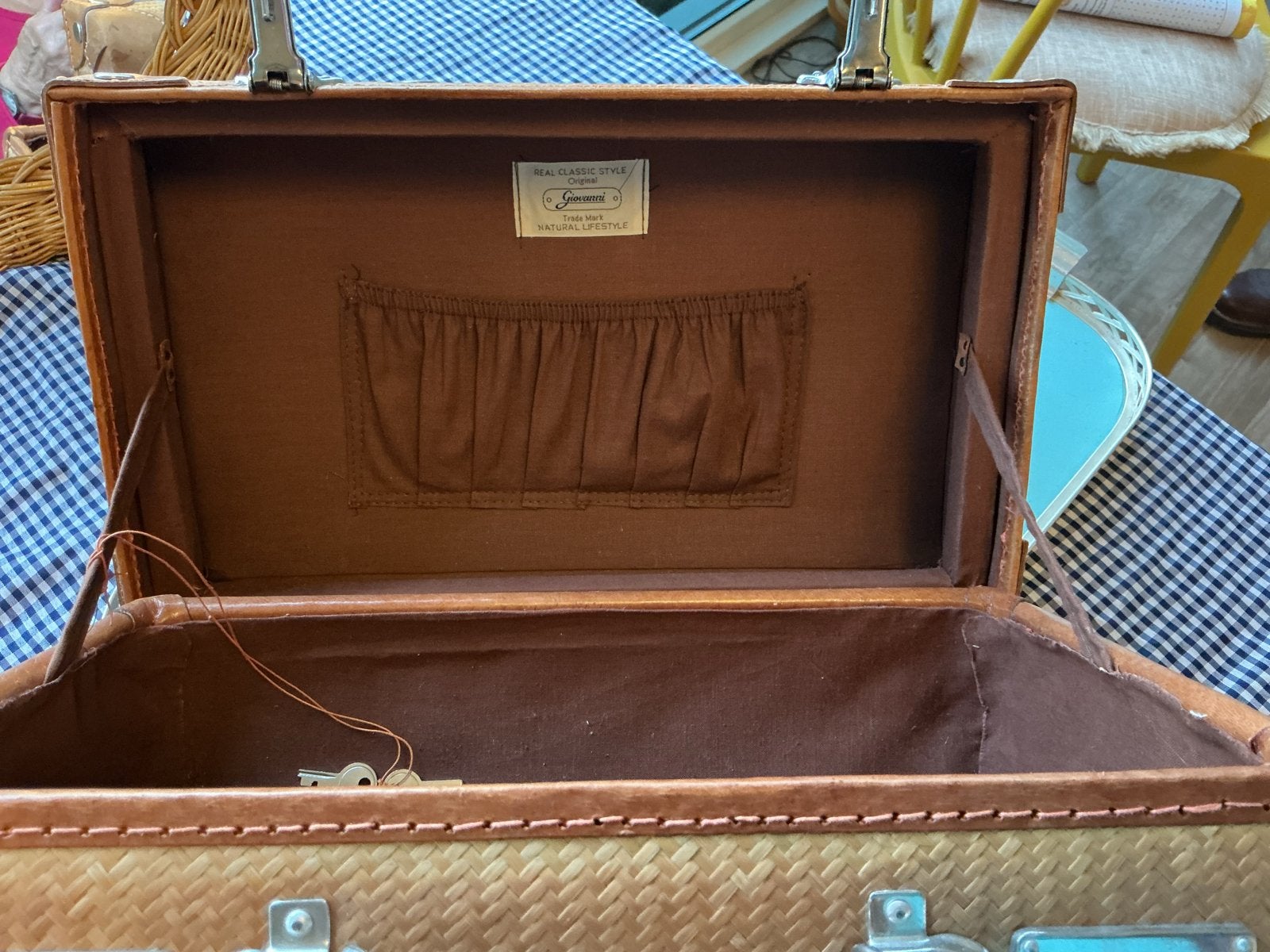 Vintage rieten koffer met lederen details, 40 tot 60 cm, Gebruikt, 20 tot 30 cm, Bruin