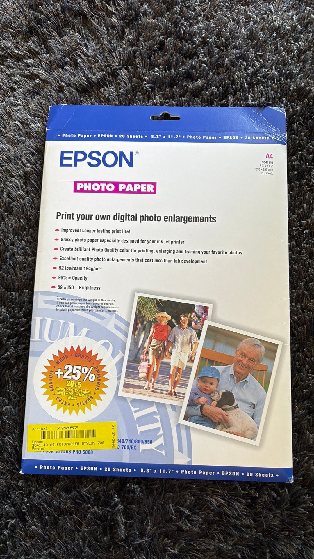 Epson foto paper SO41140 A4 Fotopapier stylus 700, Epson, Glanzend, Zo goed als nieuw, Fotopapier