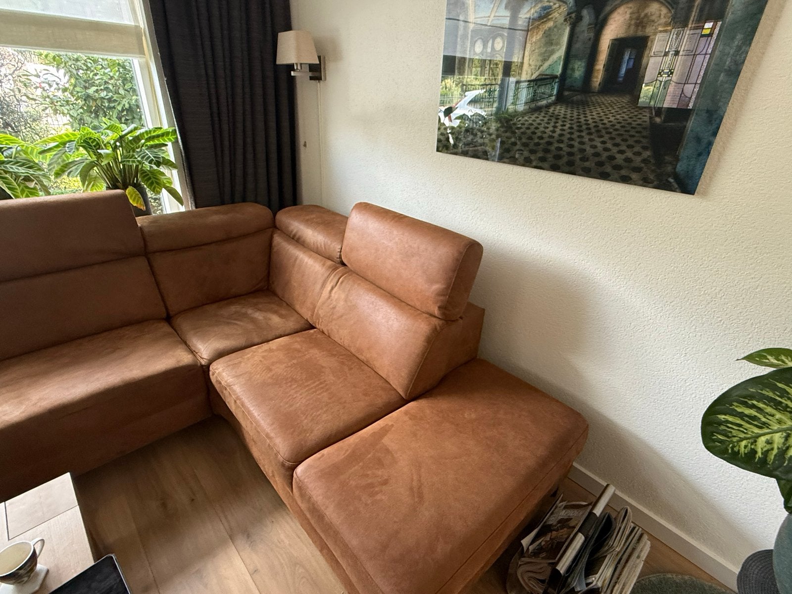 Comfortabele hoekbank van stof, bruin, 4+ personen, Huis en Inrichting, Banken | Bankstellen, Ophalen, Gebruikt, Hoekbank, 300 cm of meer