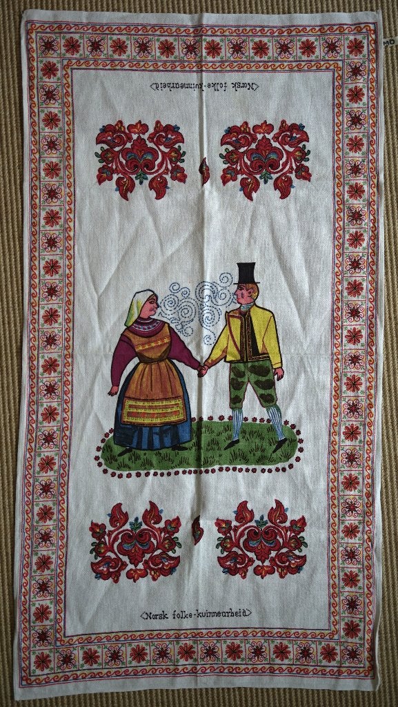 Vintage Norsk Folke Kvinnearbeid Theedoek '60 folklore omo, Gebruikt, Katoen, Wasbaar, Meerkleurig