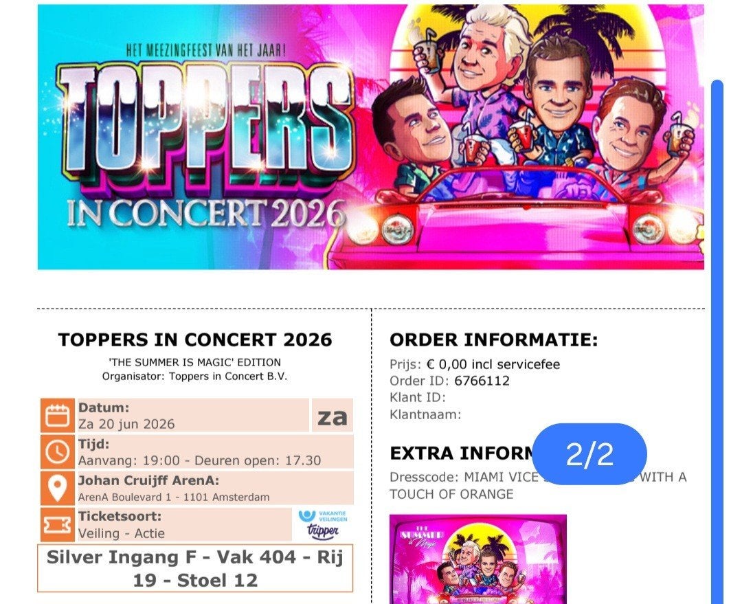 Toppers in concert vanavond! 2 tickets