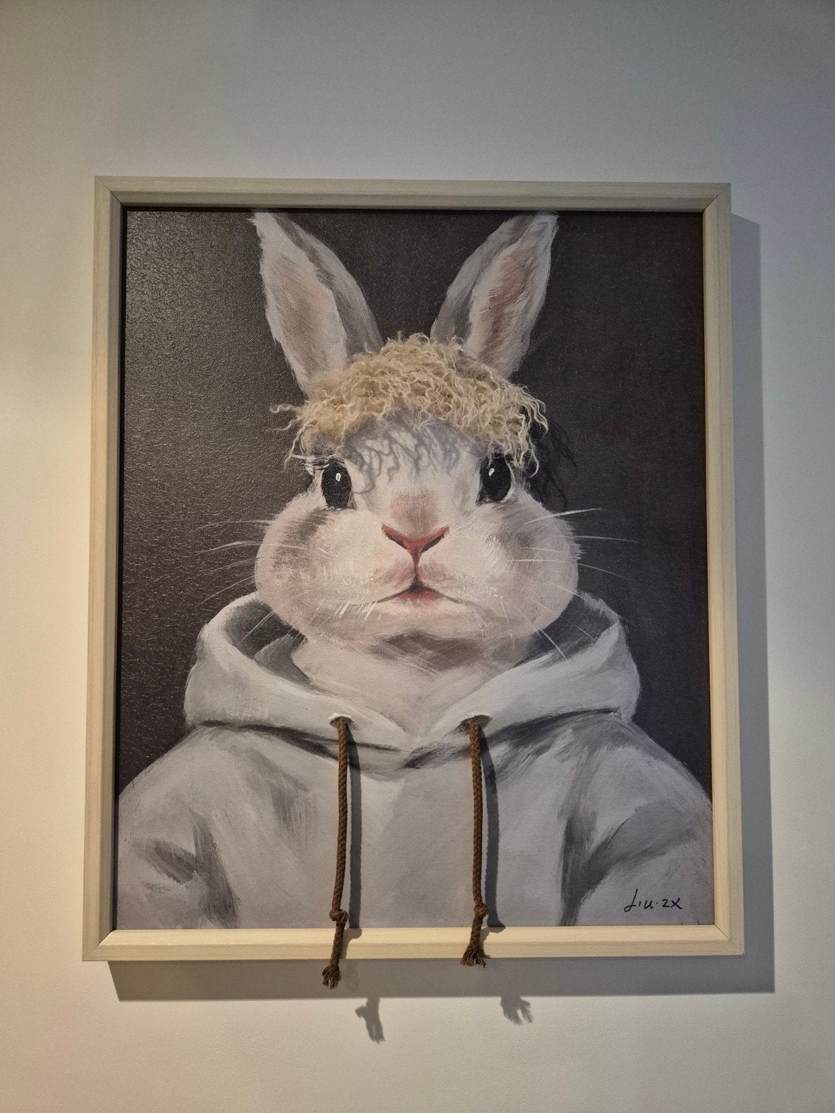 Bijzonder schilderij konijn met aaibaar haar – houten lijst, Ophalen of Verzenden