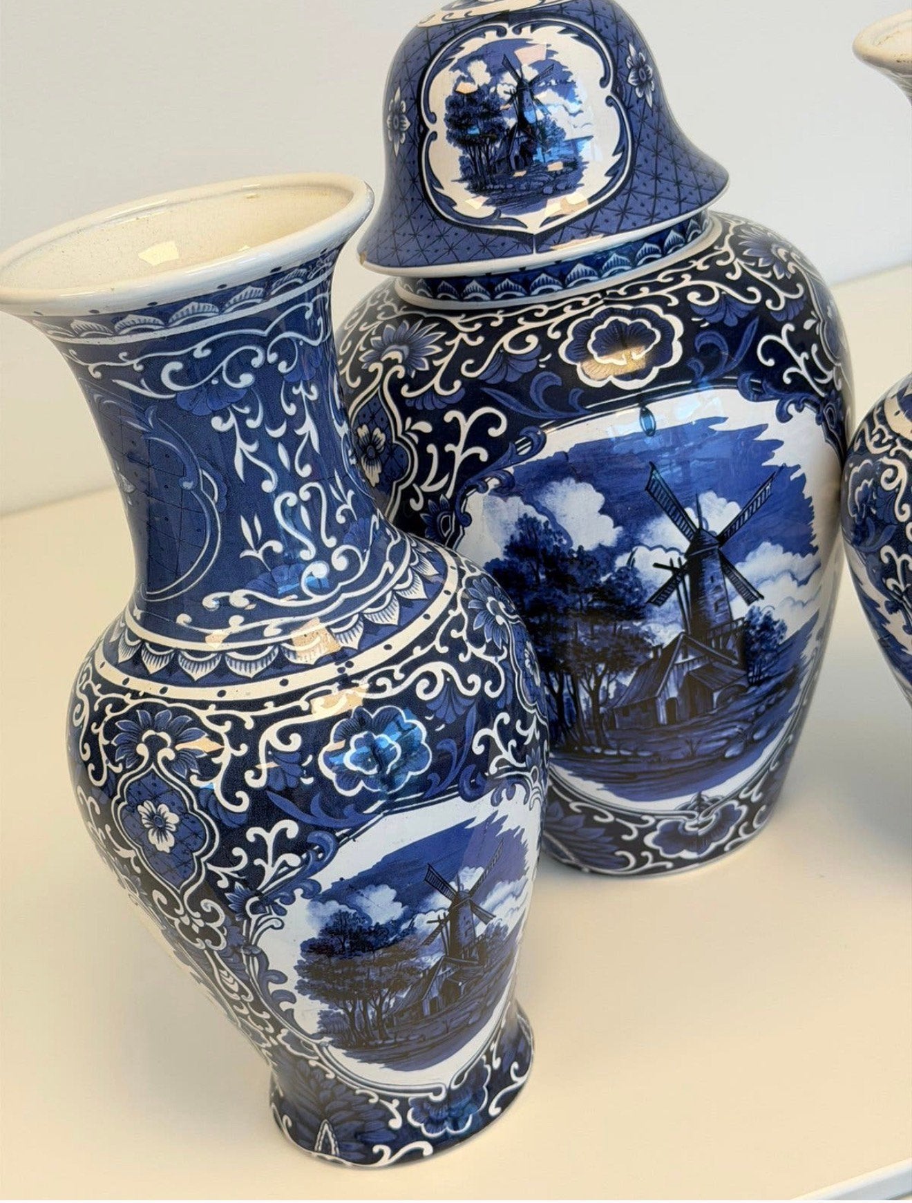 Delfts delft Blauw 3-delig Kaststel Molens Vazen Dekselpot, Antiek en Kunst, Ophalen of Verzenden