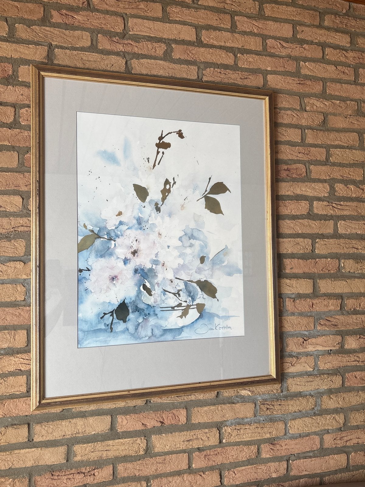 Aquarel van Jan Kooistra: Bloemen in blauw en wit, Realistisch, Ophalen of Verzenden, Aquarel, Papier