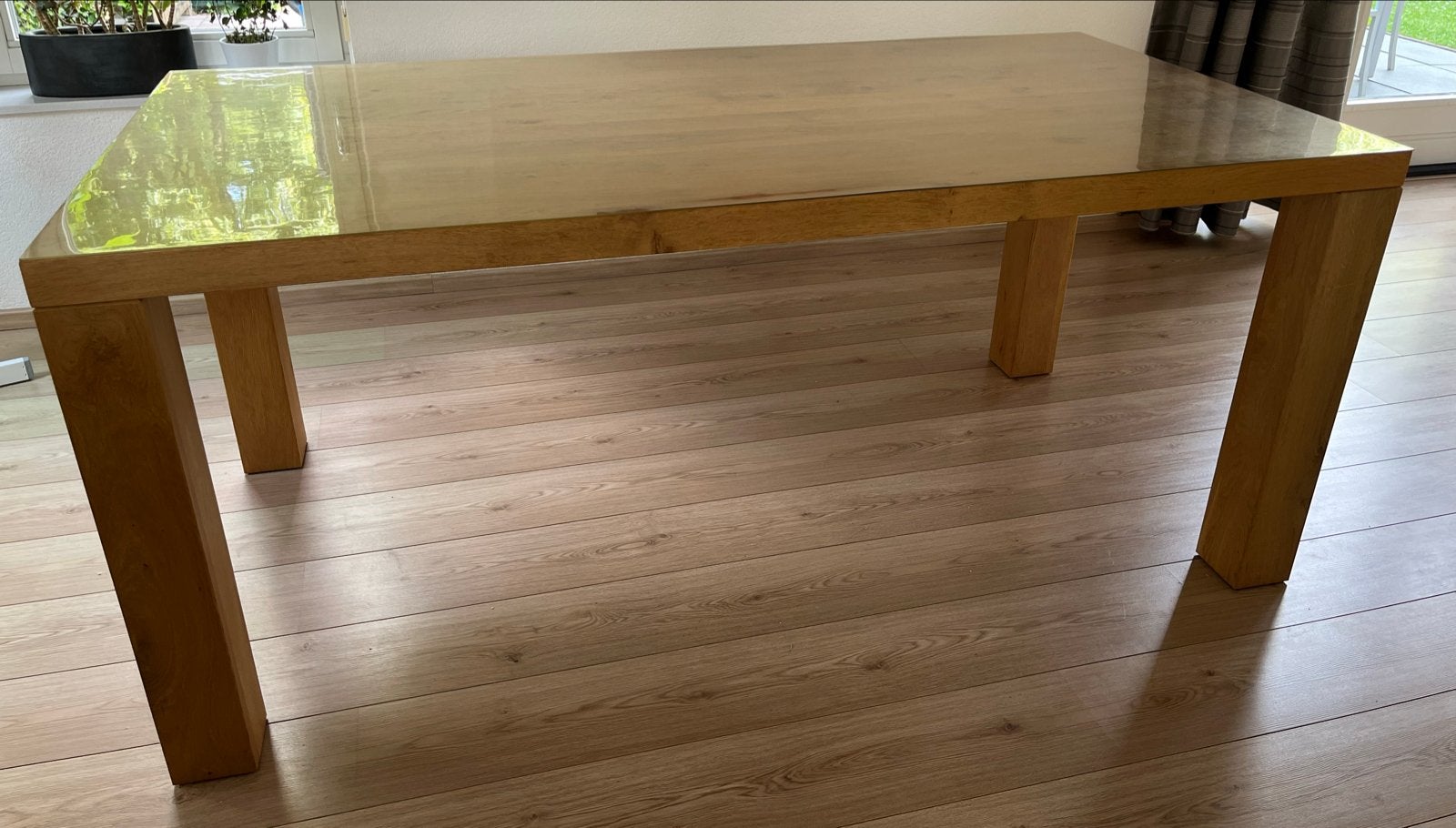 Massief eiken eettafel met kunststof bescherm blad, Ophalen, Eikenhout, 50 tot 100 cm, Zo goed als nieuw