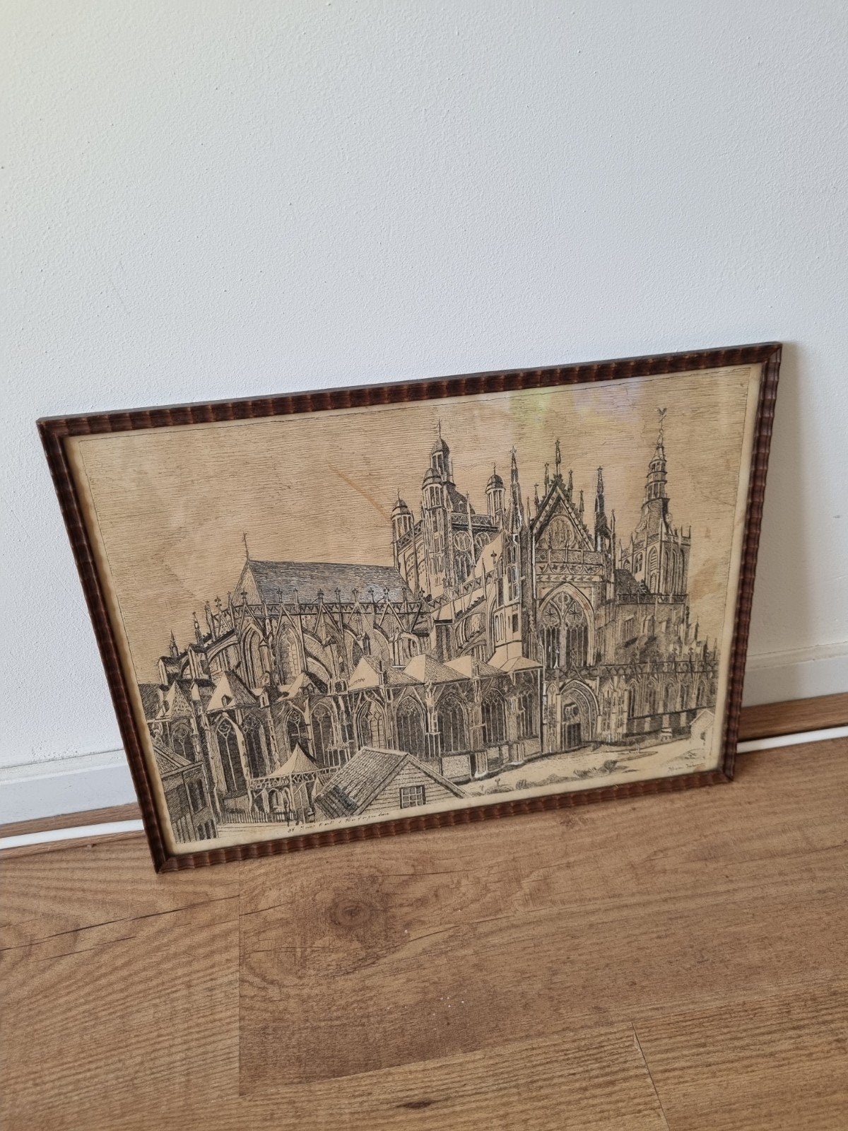 Antieke Ets van de Sint Janskathedraal Den Bosch- Gesignee, Ets, Architectuur, 1900 - 1949, Ingelijst