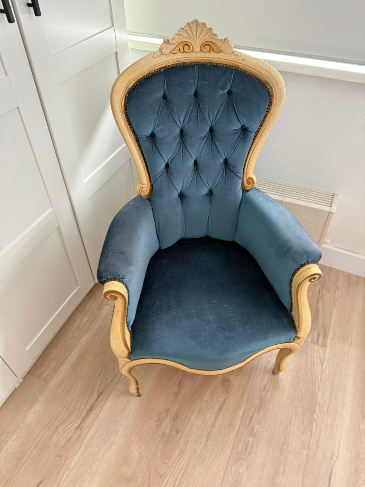 Barok fauteuil blauw velours, Ophalen, Zo goed als nieuw, 75 tot 100 cm, 50 tot 75 cm