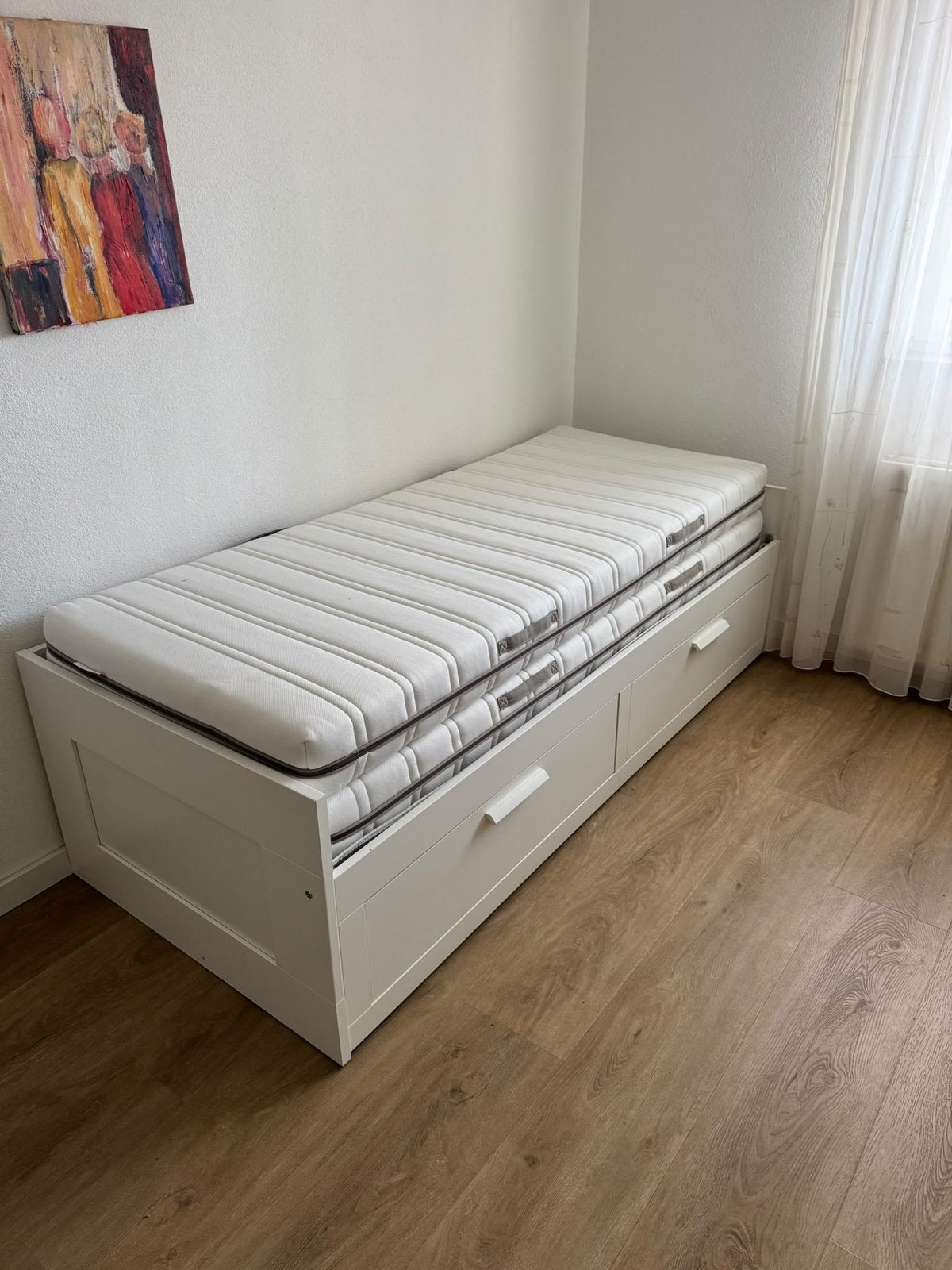 KEA BRIMNES bedbank wit met 2 lades + 2 MALVIK matrassen, Ophalen, Verstelbaar, Wit, Tweepersoons